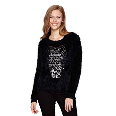 Yumi Black Fluffy Jumper With Sequin Owl